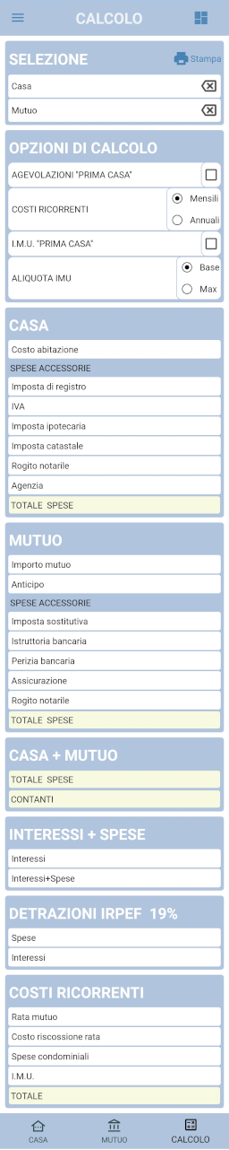 Schermata Calcolo dell'app CasaBudget con riepilogo dei costi