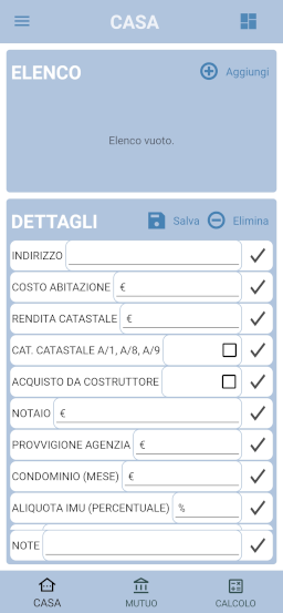 Schermata Casa dell'app CasaBudget per inserire i dati dell'abitazione