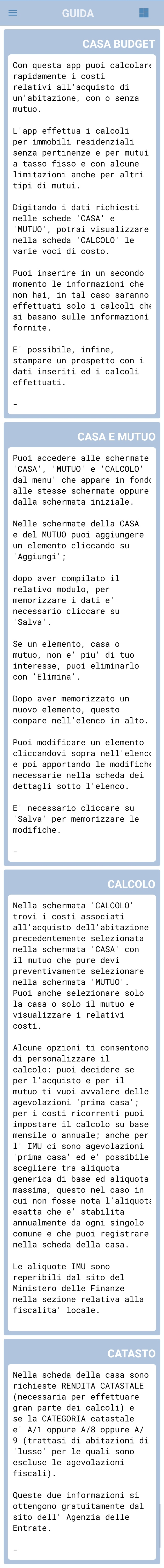 Schermata Guida dell'app CasaBudget