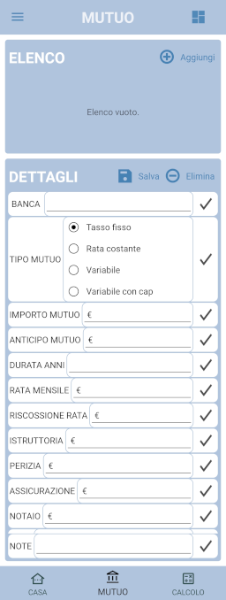 Schermata Mutuo dell'app CasaBudget per inserire i dati del finanziamento